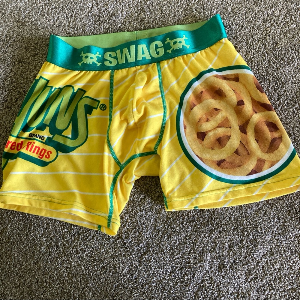 SWAG Mens Boxers FUNYUNS Onion Rings Satin Weaved Band Yellow Stripe Size S EUC